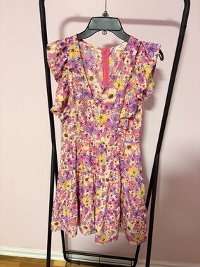NWOT Large entro Pink Floral Ruffle-Sleeve Dress with Yellow & Purple Blooms